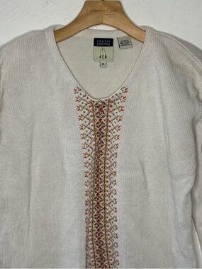Cousin Johnny Womens XL V Neck Longsleeve Embroider Sweater White Ramie Cotton